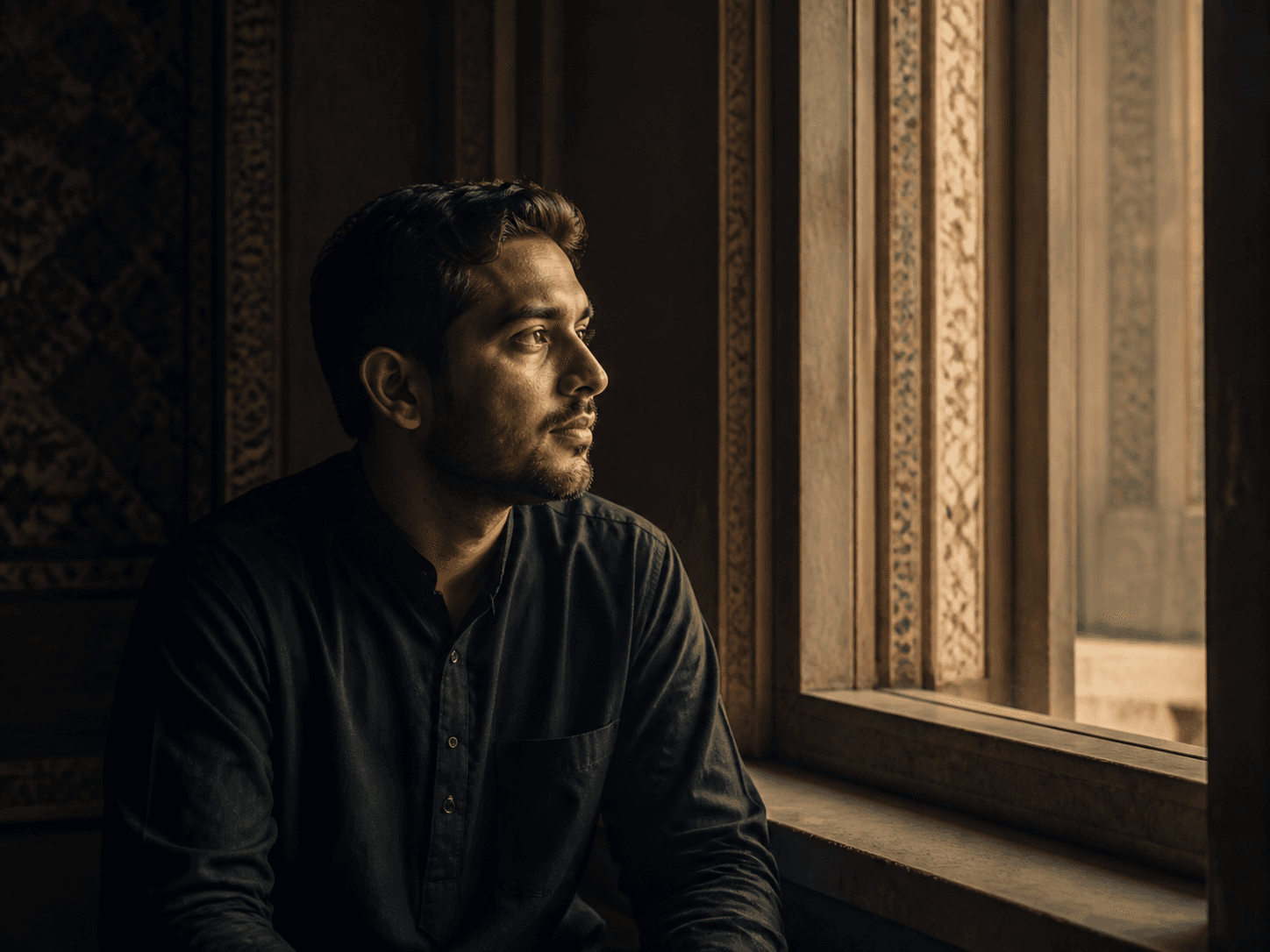 The founder reflecting beside a heritage window