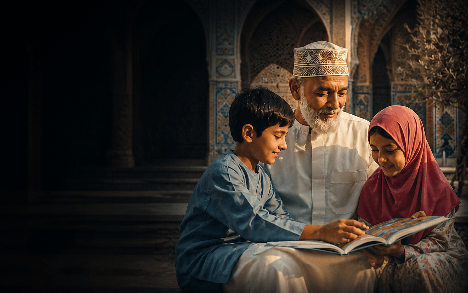 An elder reading with two children in a mosque courtyard