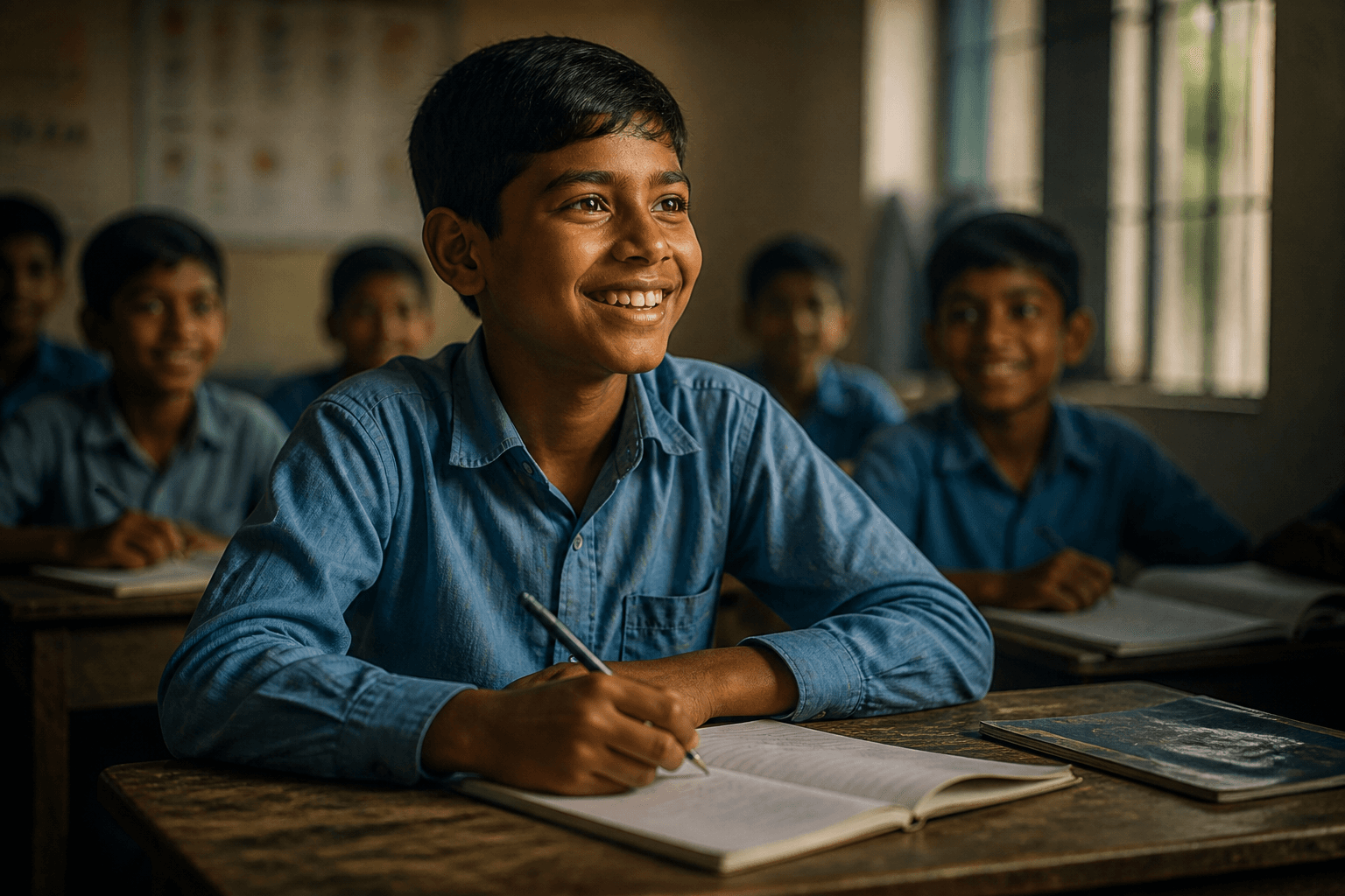 A smiling schoolboy writing in a classroom
