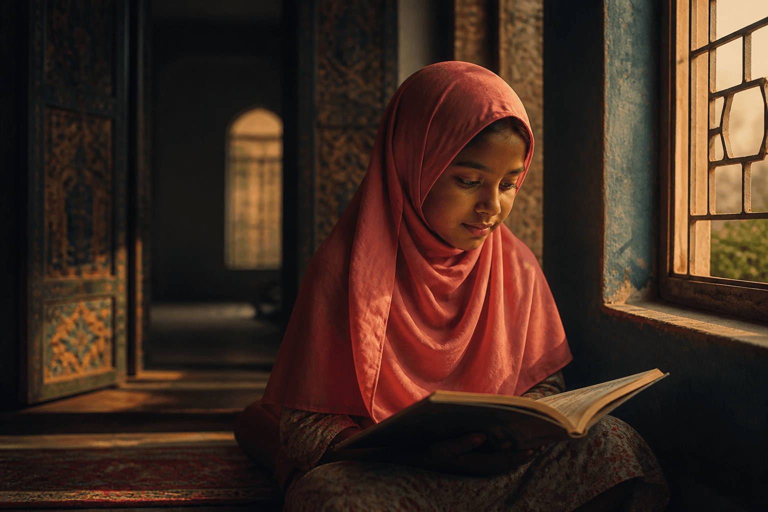 A girl in a rose hijab reading beside a window