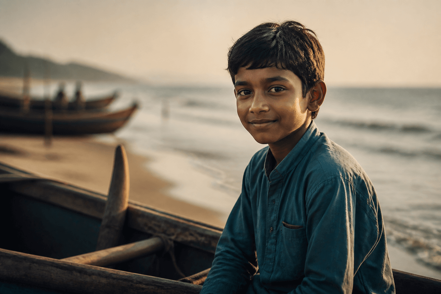 A boy sitting beside a fishing boat on the coast